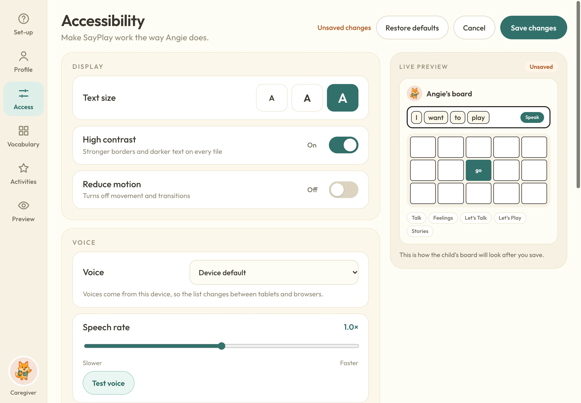 SayPlay accessibility settings with a live preview of the child’s board before saving