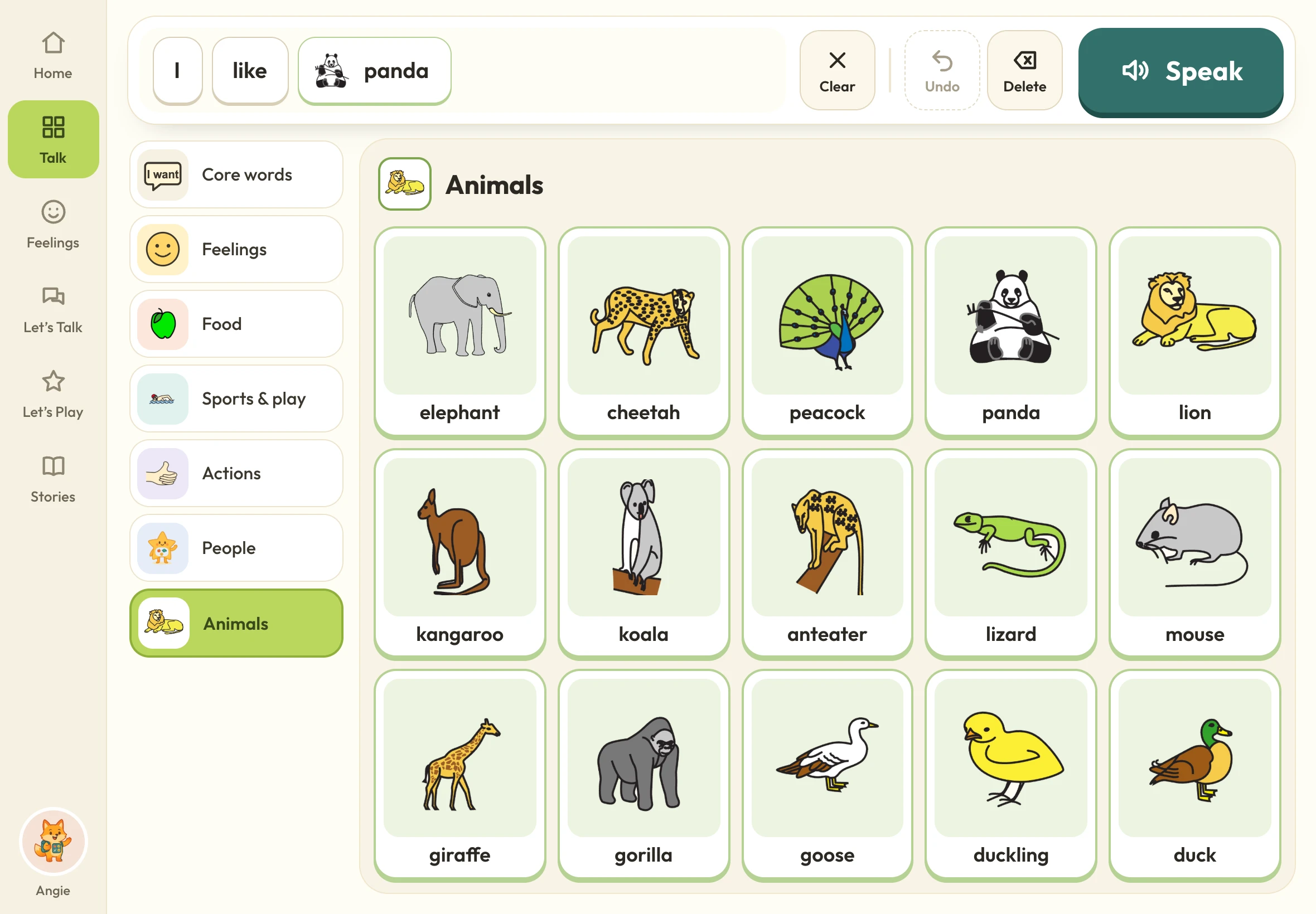 SayPlay Talk board: the Animals board building the sentence “I like panda”
