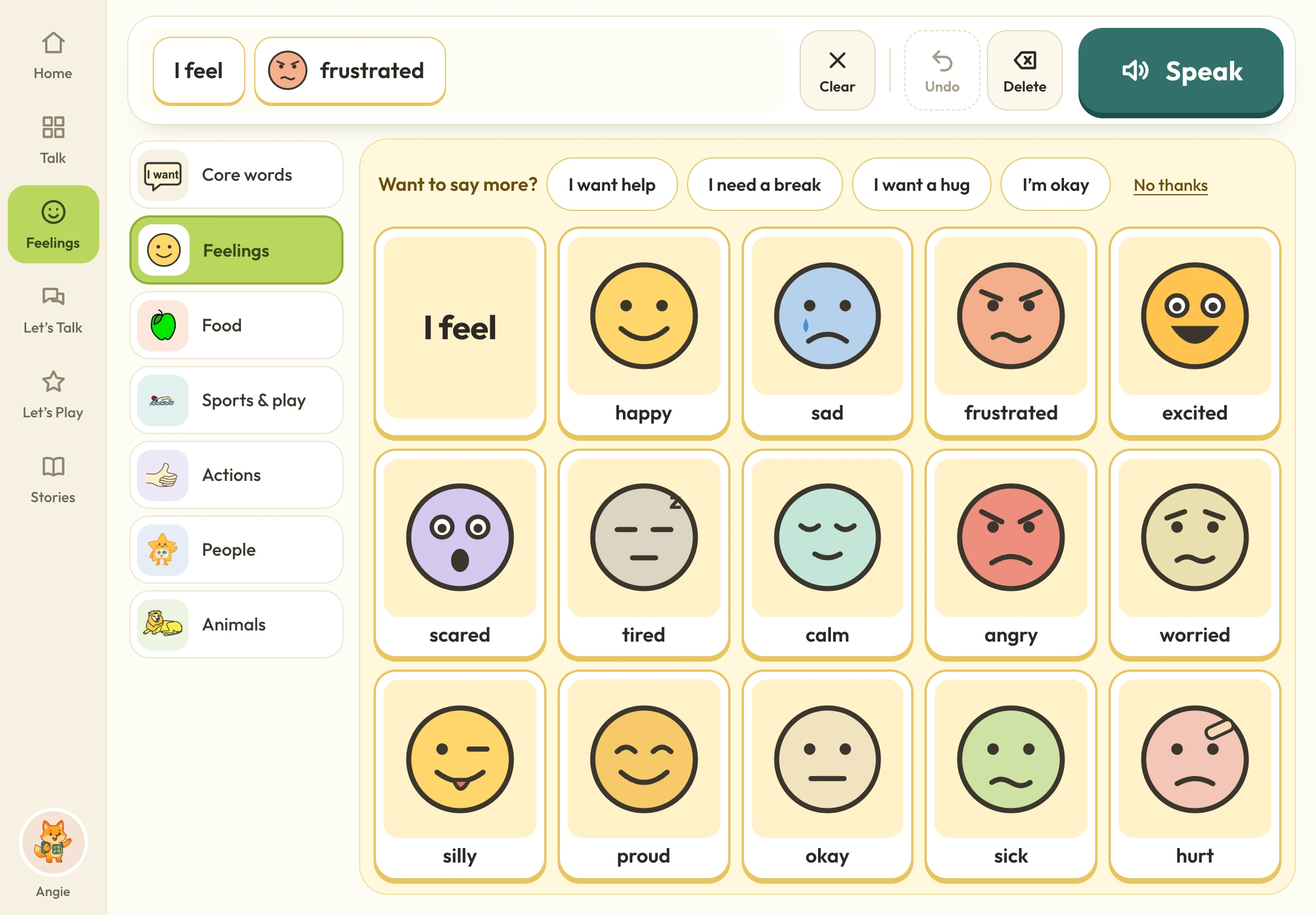 SayPlay Feelings board: “I feel frustrated” in the sentence bar with optional follow-ups like “I want help” and “I need a break”