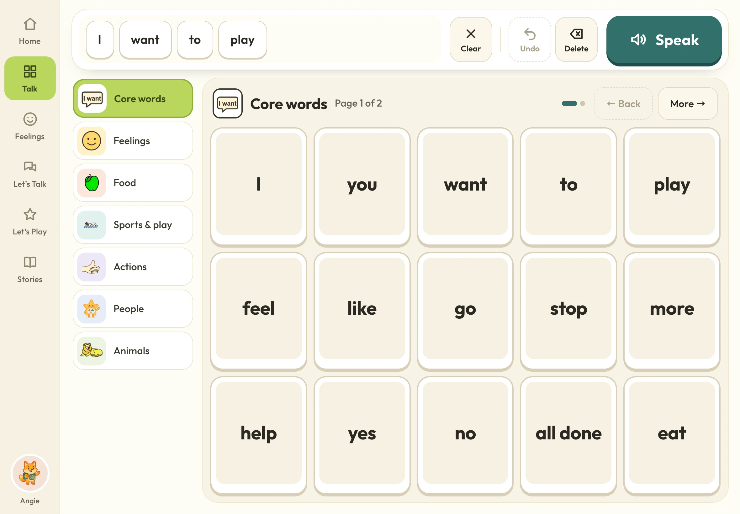 The SayPlay Talk board: a fixed rail on the left, the list of boards, and large core-word tiles building “I want to play”