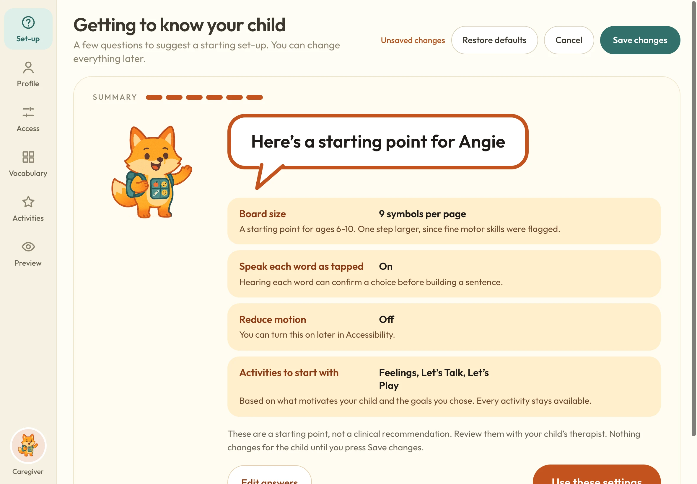 SayPlay caregiver set-up: a suggested starting point for Angie, with the reason for each setting