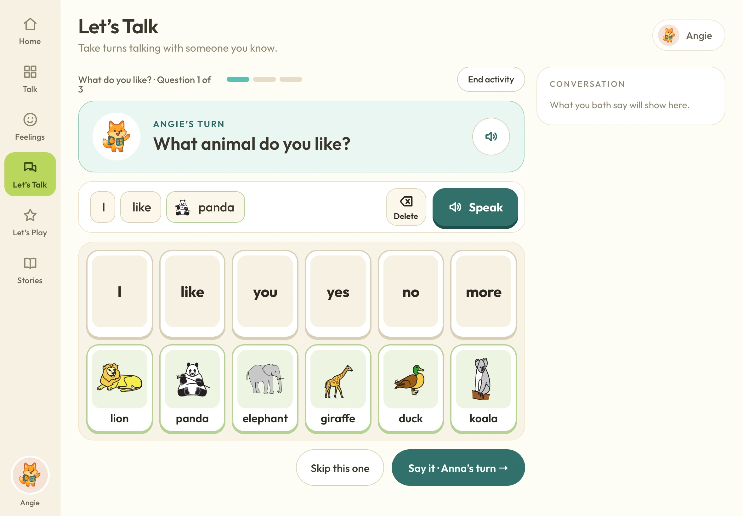 SayPlay Let’s Talk: the child’s turn to answer “What animal do you like?” with picture choices
